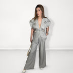 3D Flower Grey Pant Suit - Grey