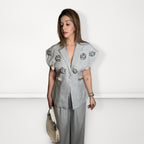 3D Flower Grey Pant Suit - Grey