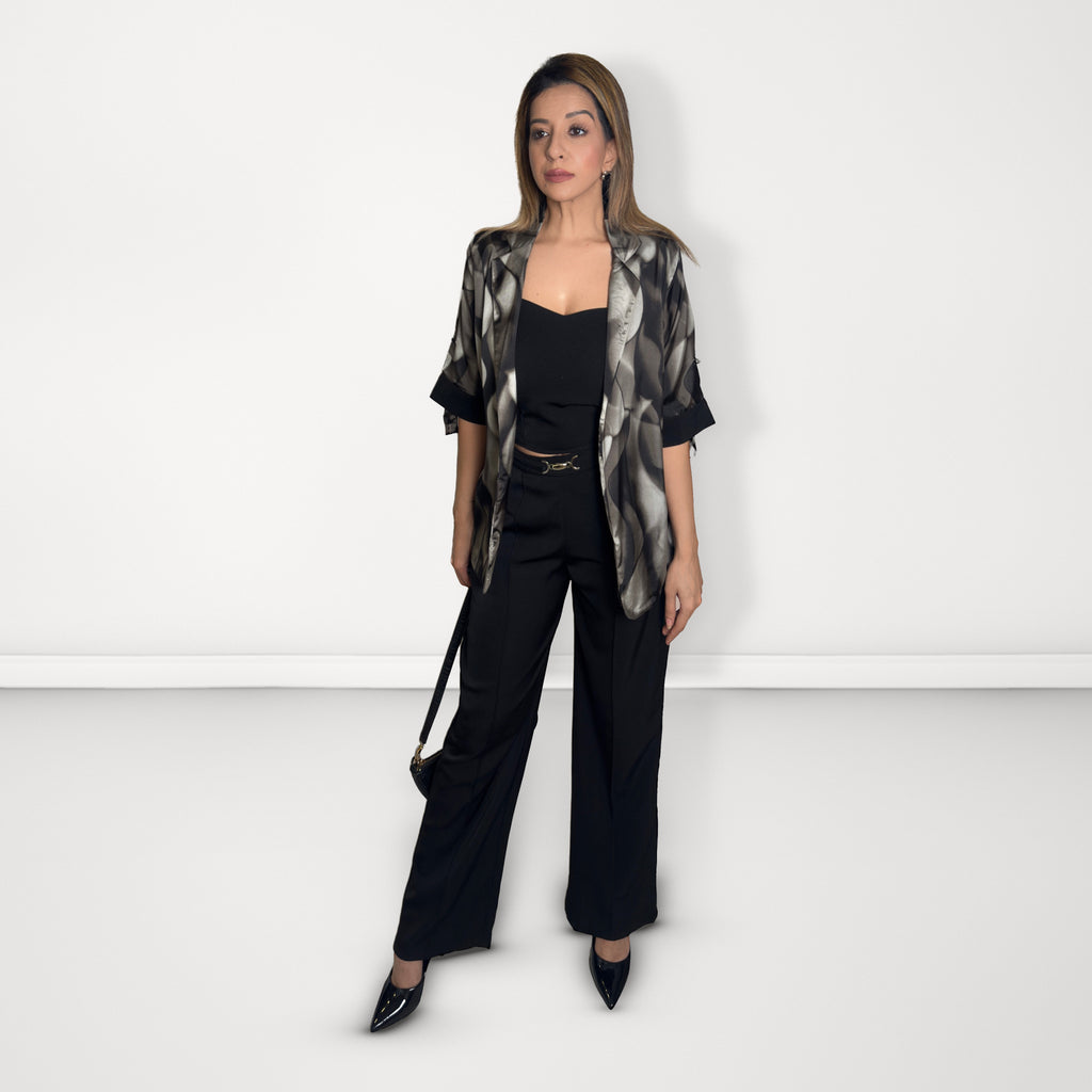 Abstract Print 3-Piece Blazer Set - Black & Grey