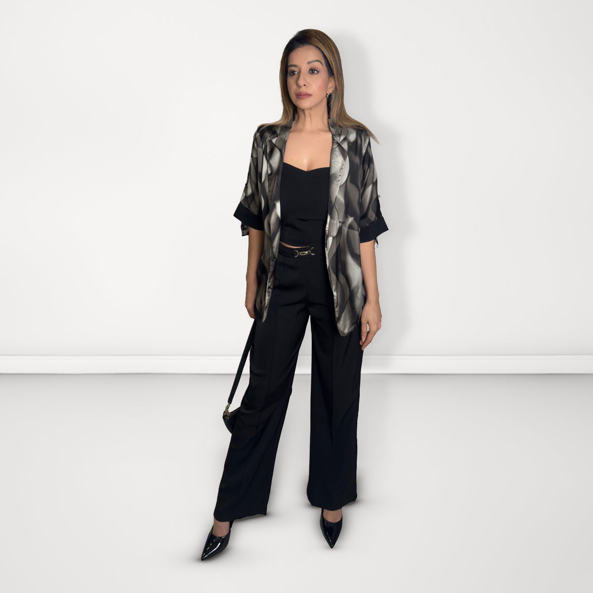 Abstract Print 3-Piece Blazer Set - Black & Grey