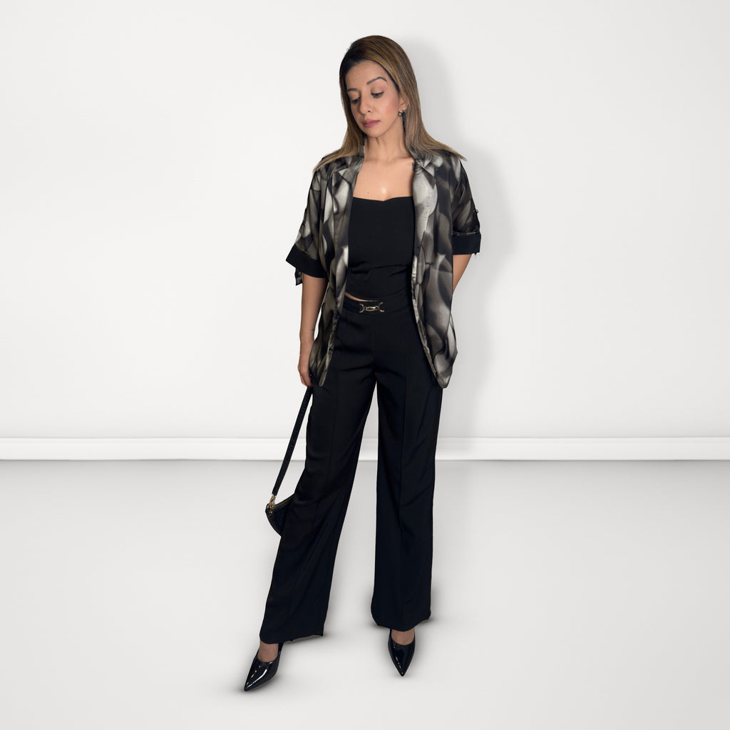 Abstract Print 3-Piece Blazer Set - Black & Grey