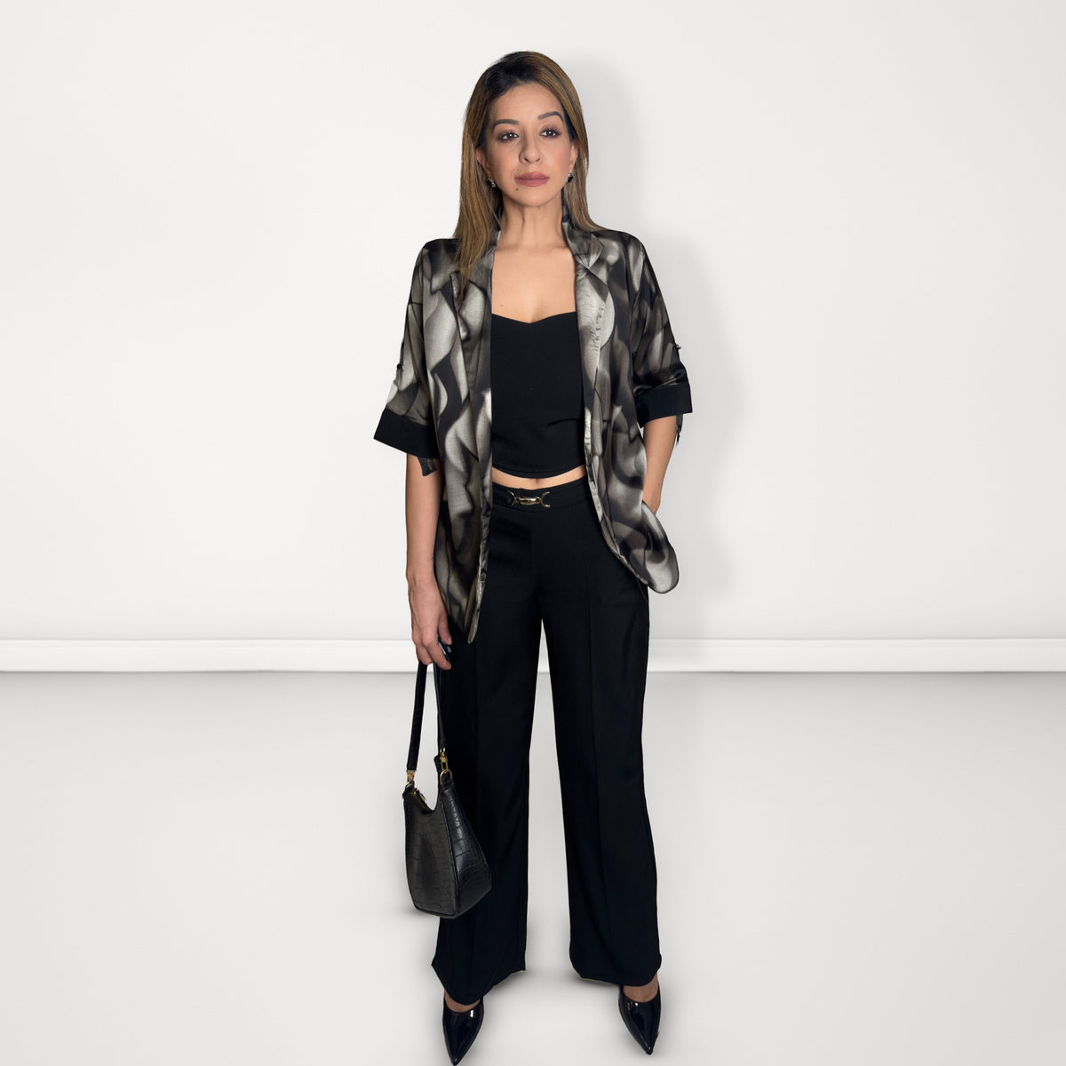 Abstract Print 3-Piece Blazer Set - Black & Grey