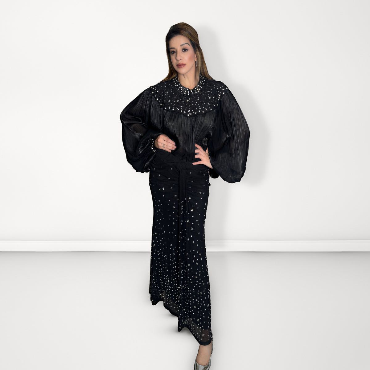 Embellished Draped Skirt Set - Black