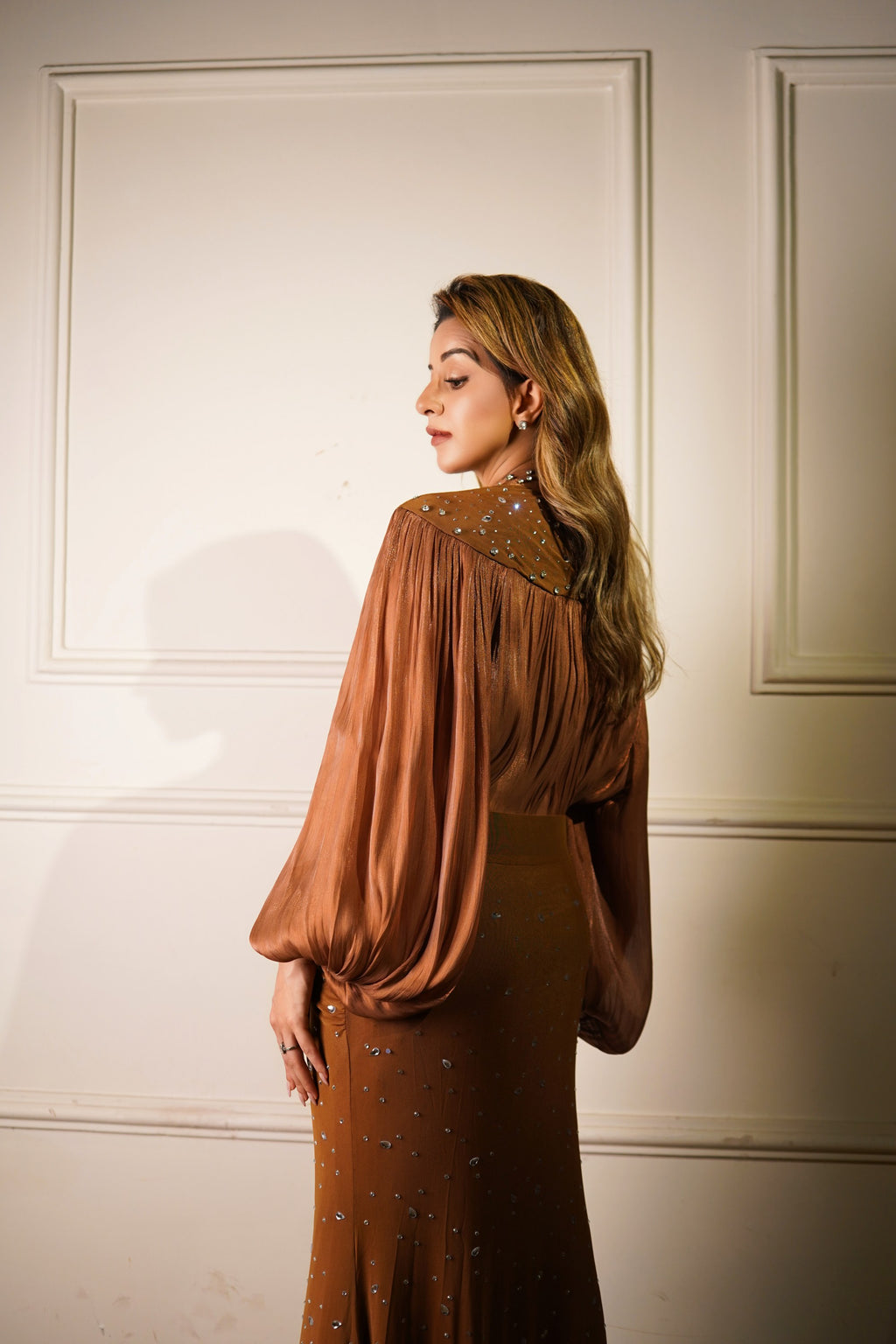 Embellished Draped Skirt Set - Brown