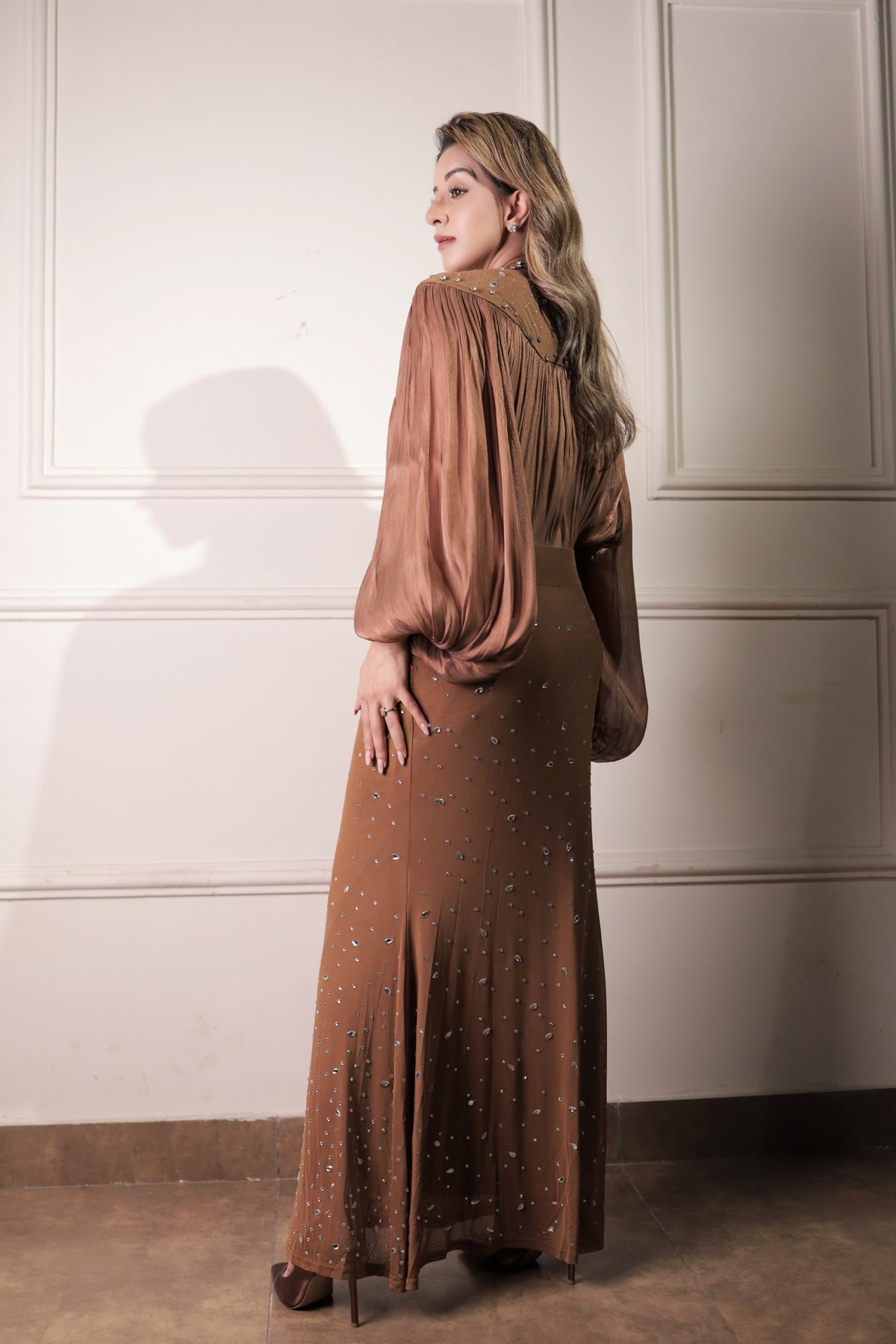 Embellished Draped Skirt Set - Brown