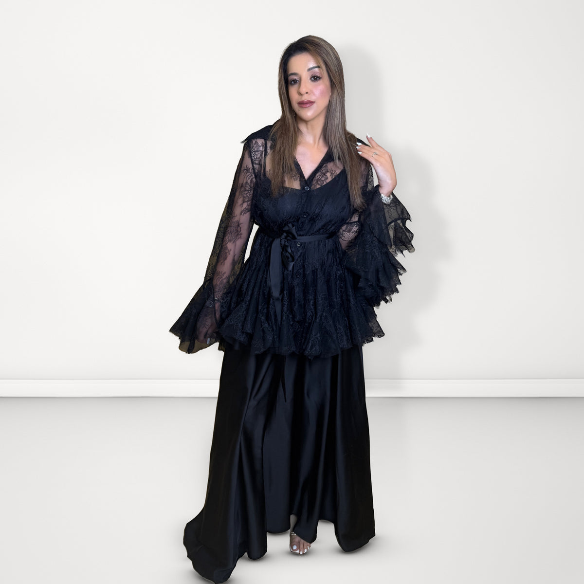 Net Overlay Satin Dress Set - Black