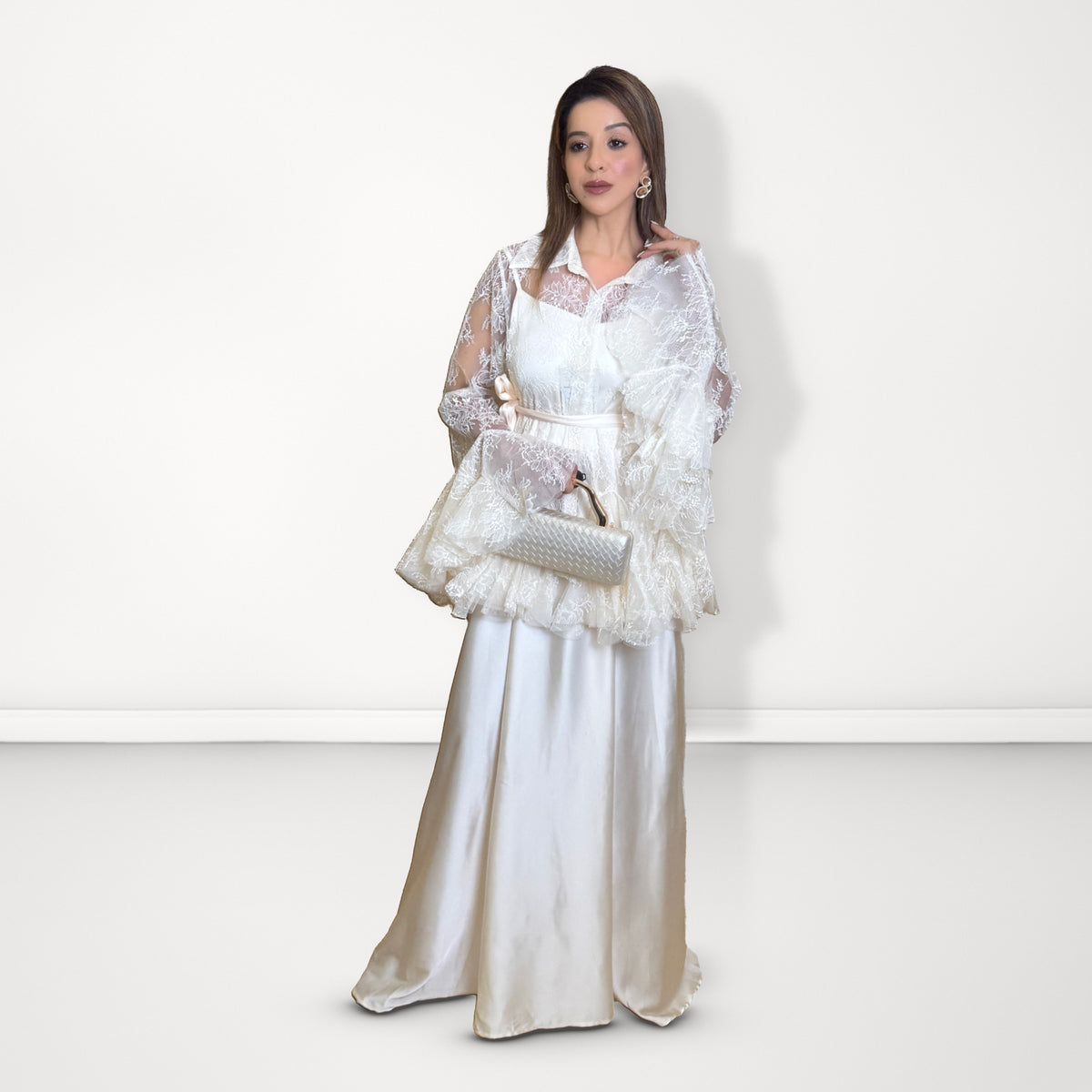 Net Overlay Satin Dress Set - Cream