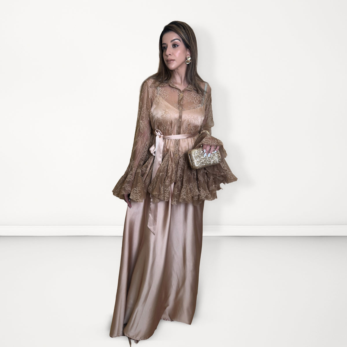 Net Overlay Satin Dress Set - Gold Beige