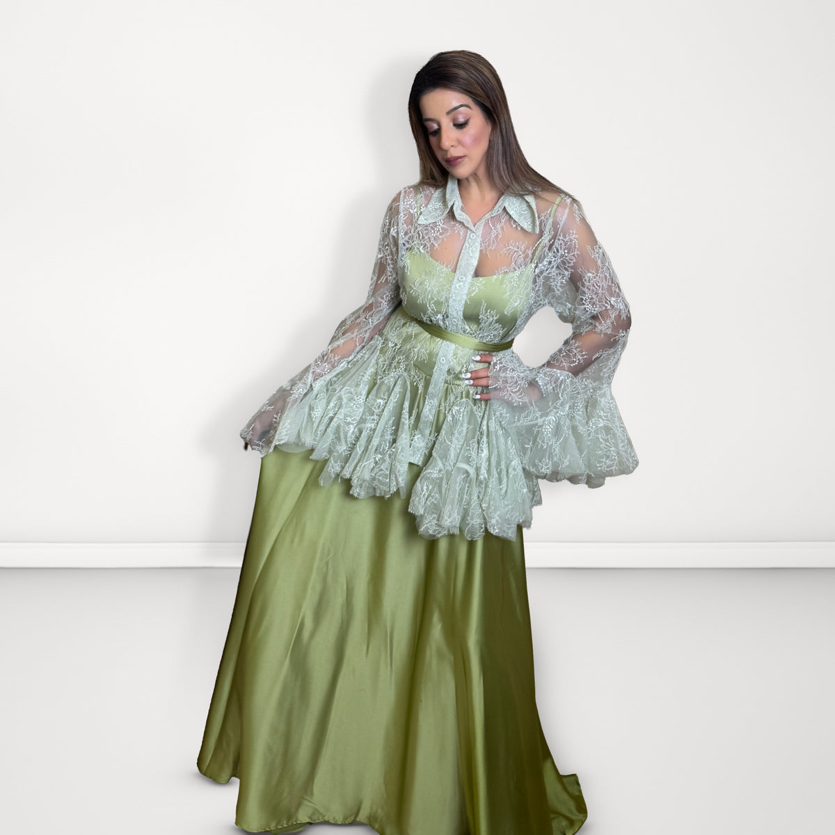 Net Overlay Satin Dress Set - Light Green