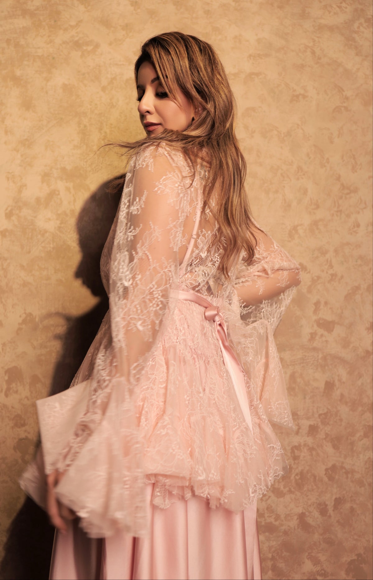 Net Overlay Satin Dress Set - Light Pink