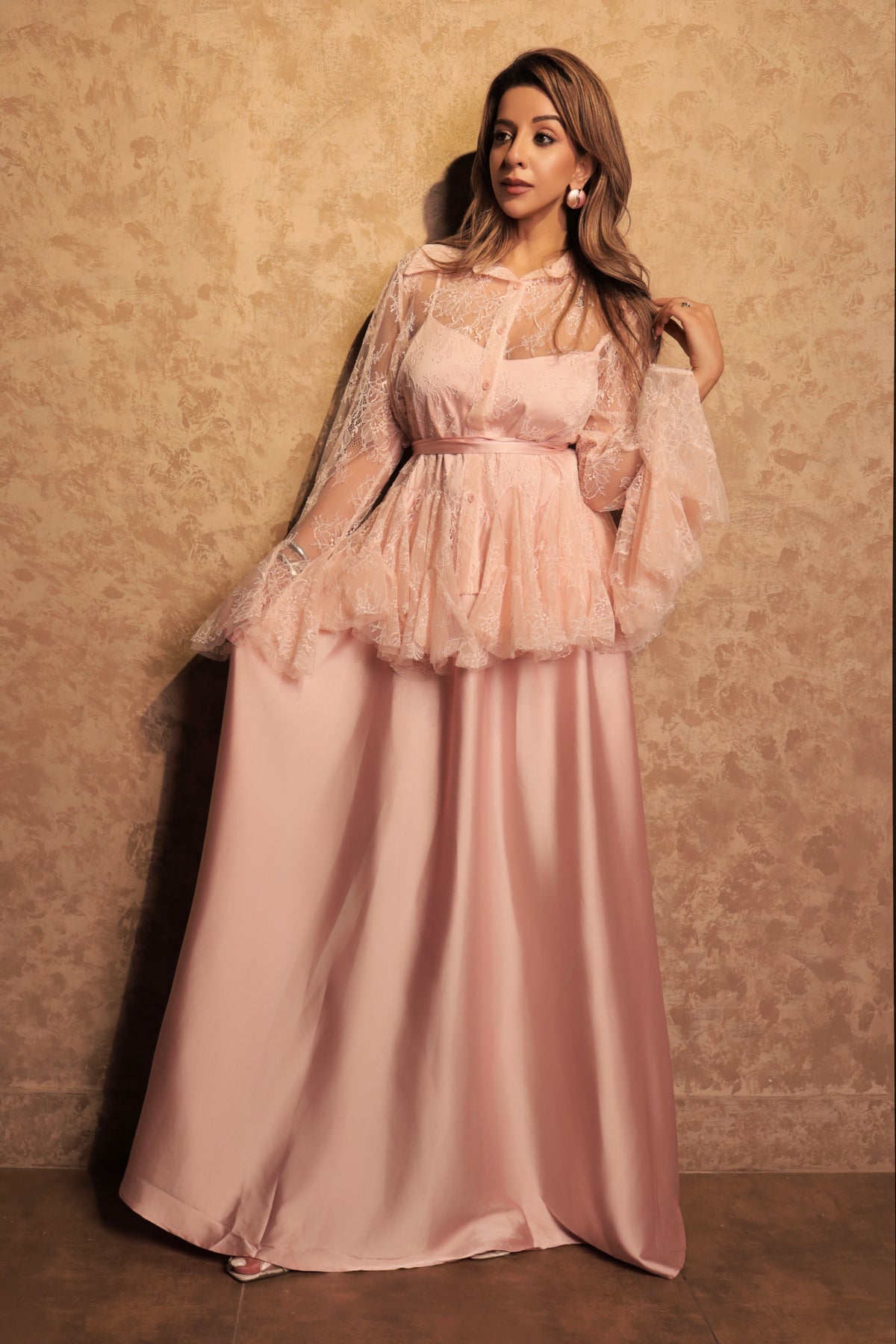 Net Overlay Satin Dress Set - Light Pink