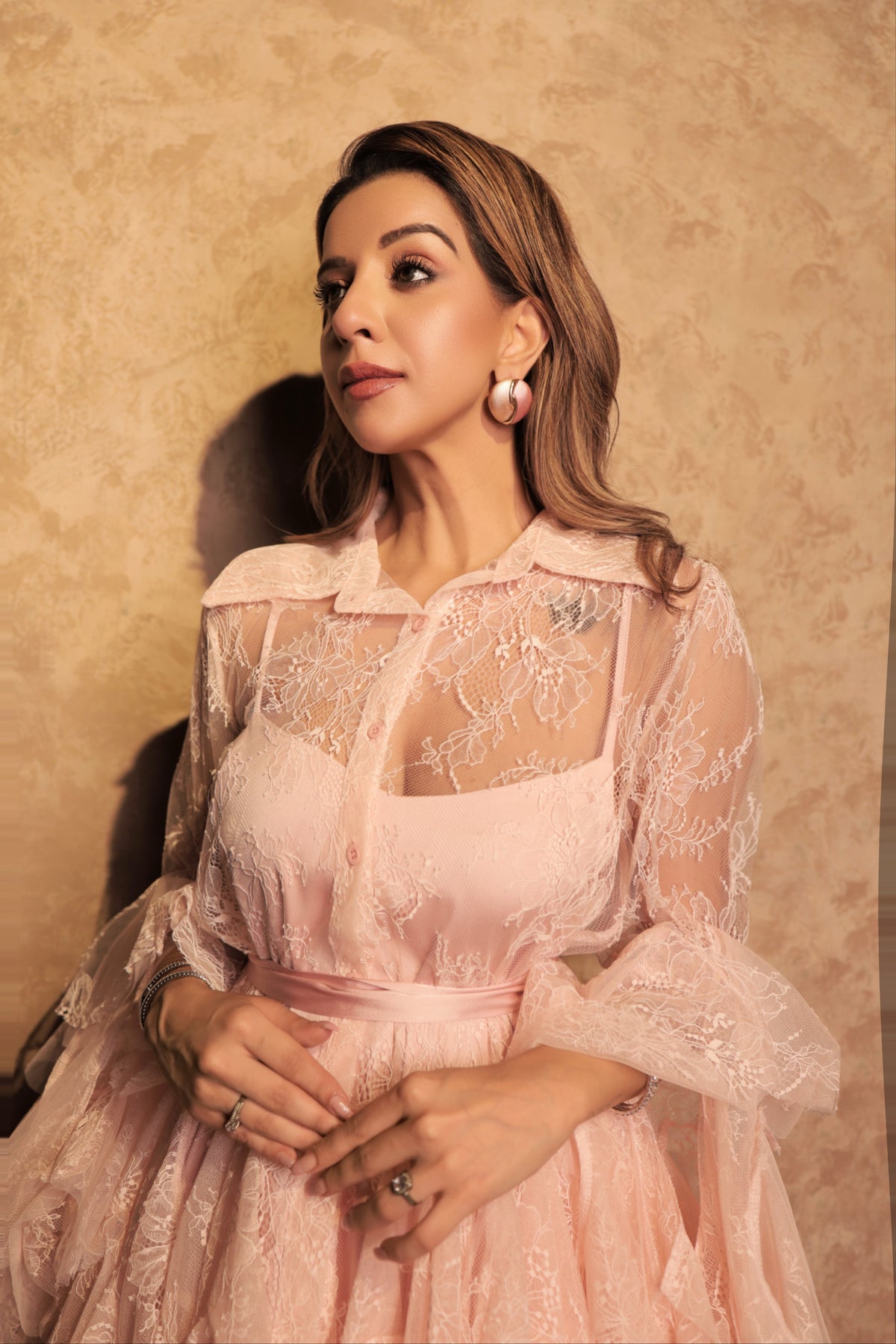 Net Overlay Satin Dress Set - Light Pink