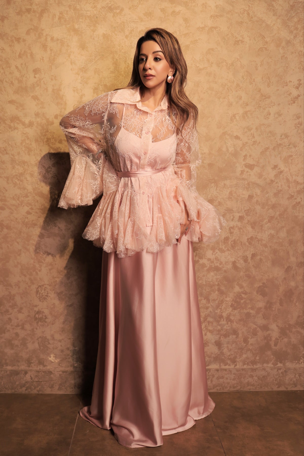 Net Overlay Satin Dress Set - Light Pink