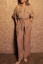 Tie-Waist Zip Linen Coord Set - Beige