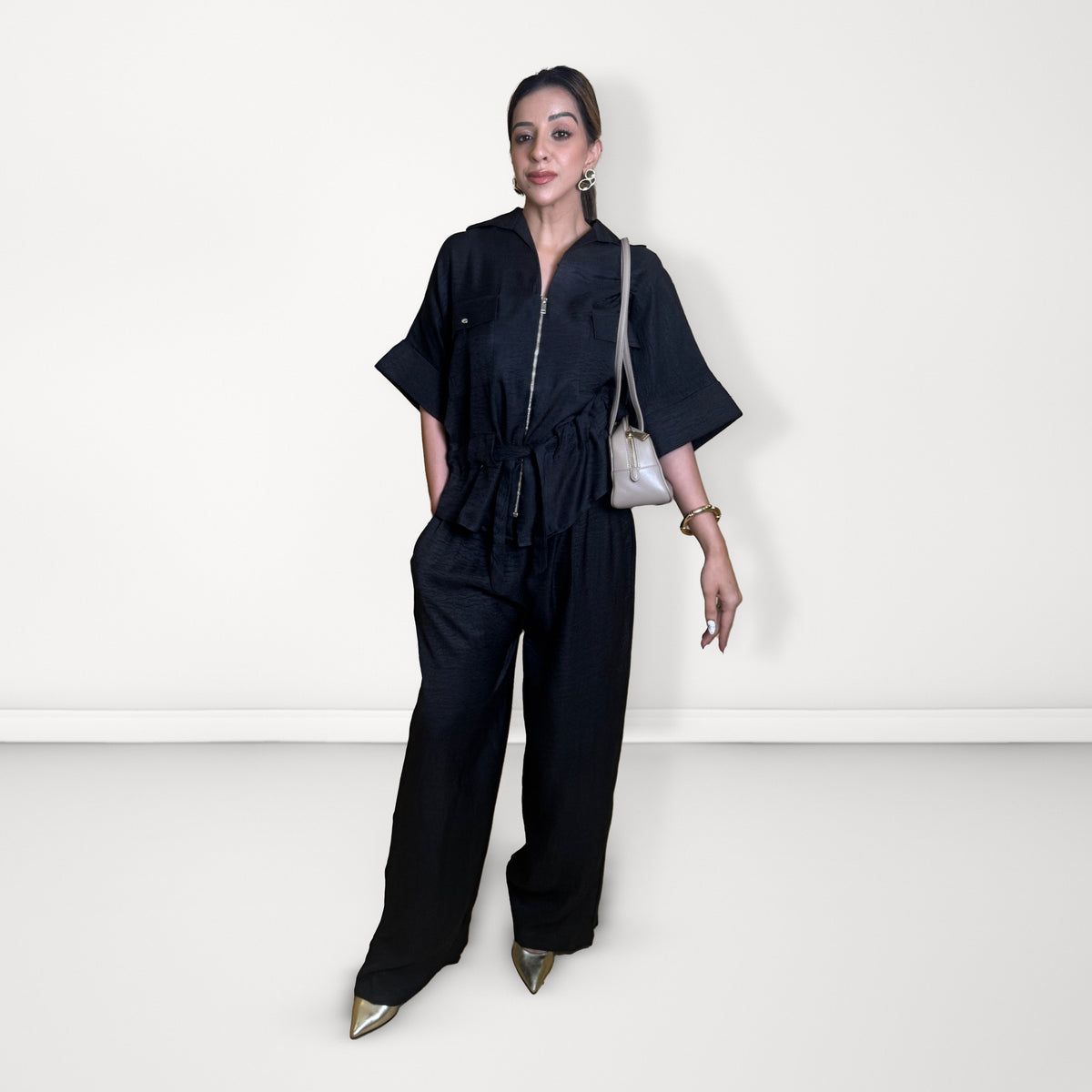 Tie-Waist Zip Linen Coord Set - Black