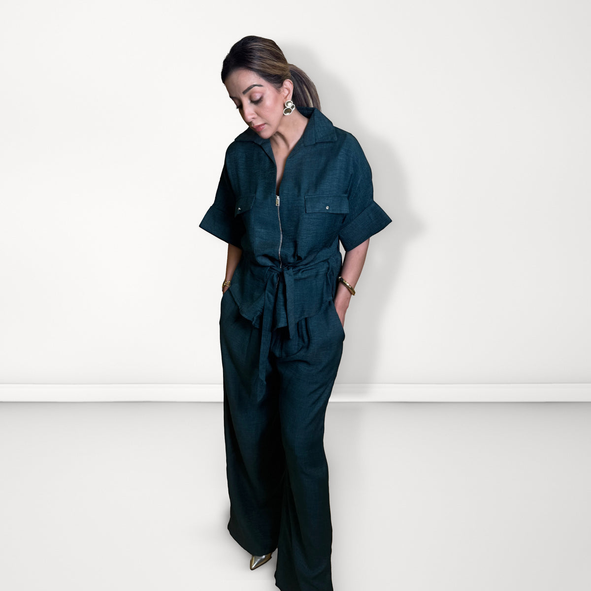 Tie-Waist Zip Linen Coord Set - Dark Green