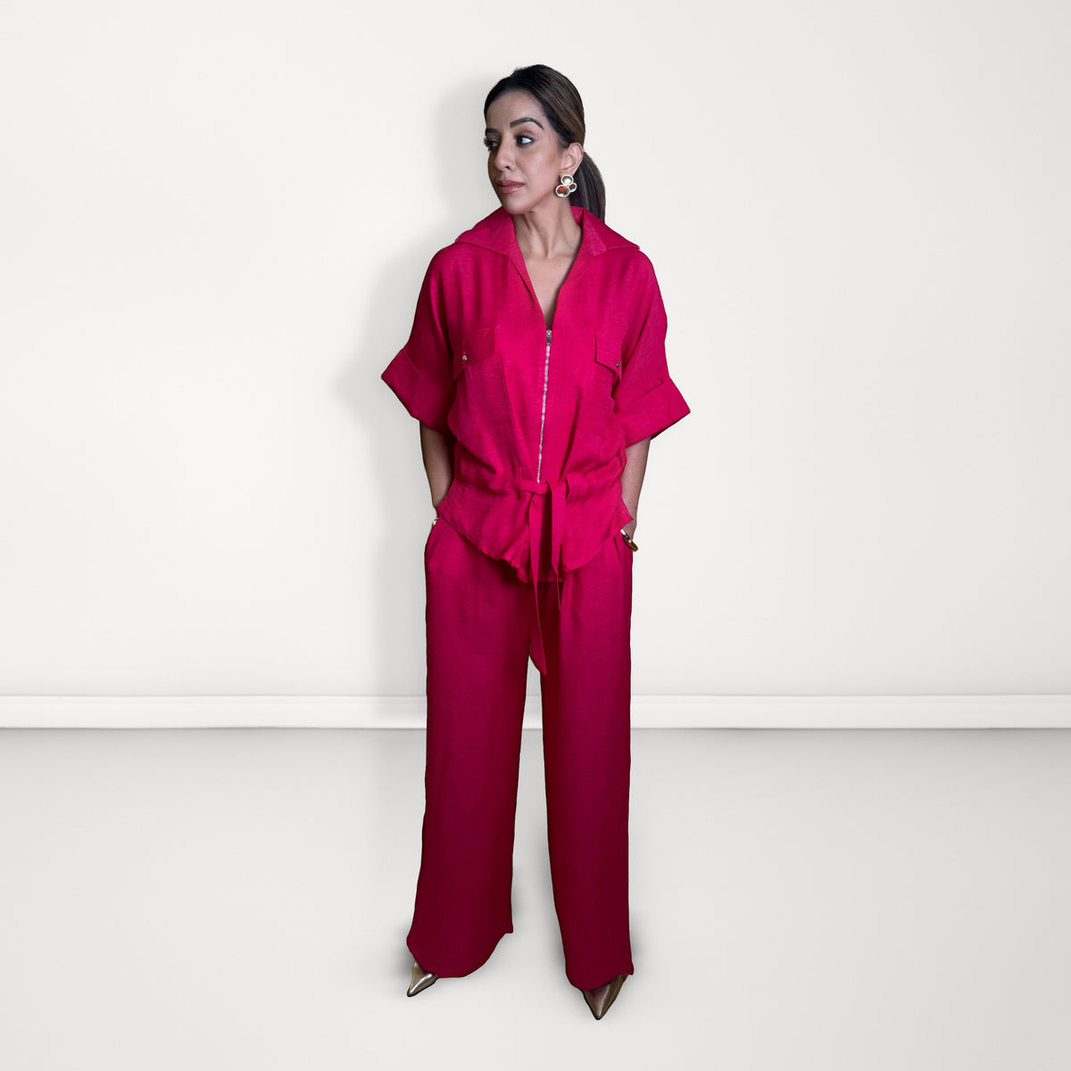 Tie-Waist Zip Linen Coord Set - Hot Pink