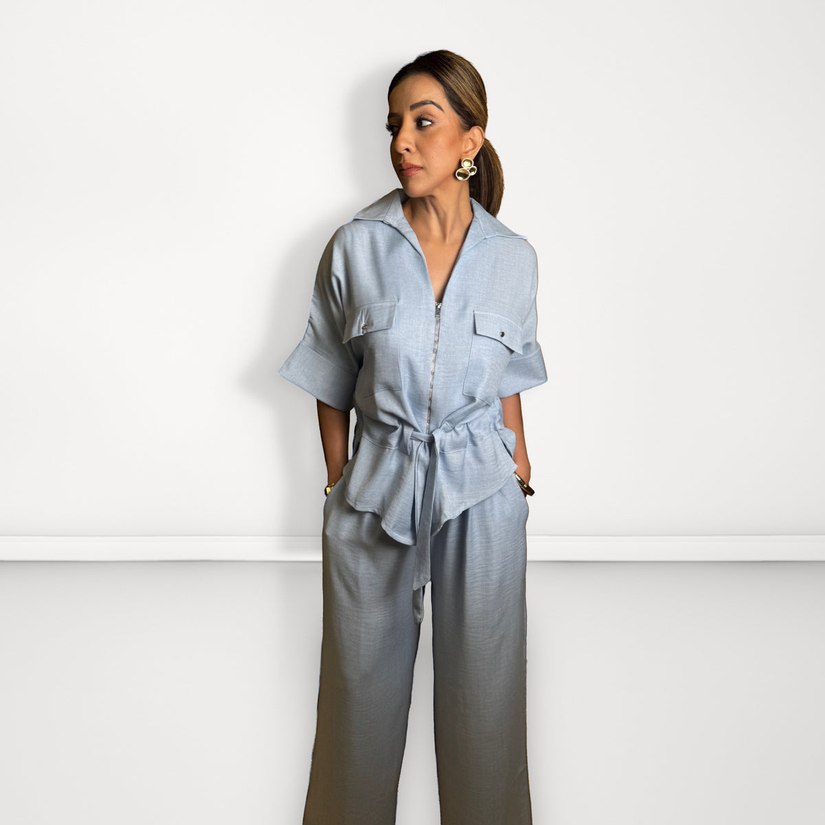 Tie-Waist Zip Linen Coord Set - Light Blue