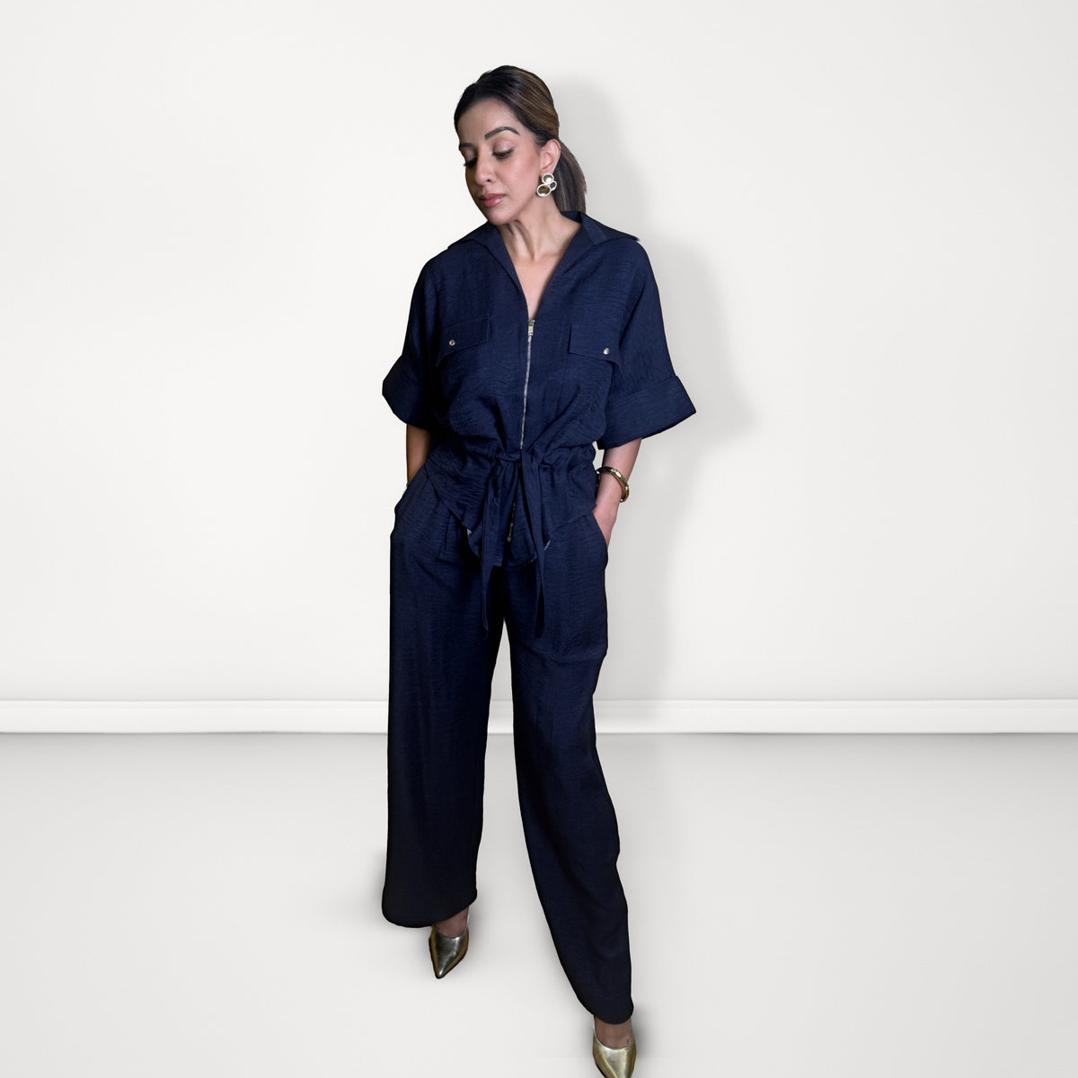 Tie-Waist Zip Linen Coord Set - Navy Blue