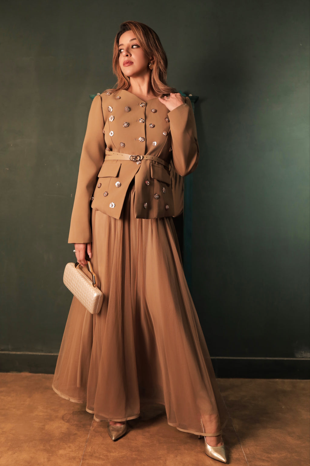 Brown Embellished Blazer Skirt Set - Brown