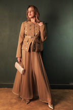 Brown Embellished Blazer Skirt Set - Brown