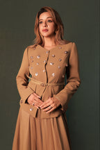 Brown Embellished Blazer Skirt Set - Brown