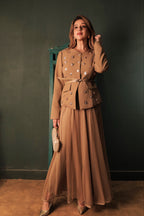 Brown Embellished Blazer Skirt Set - Brown