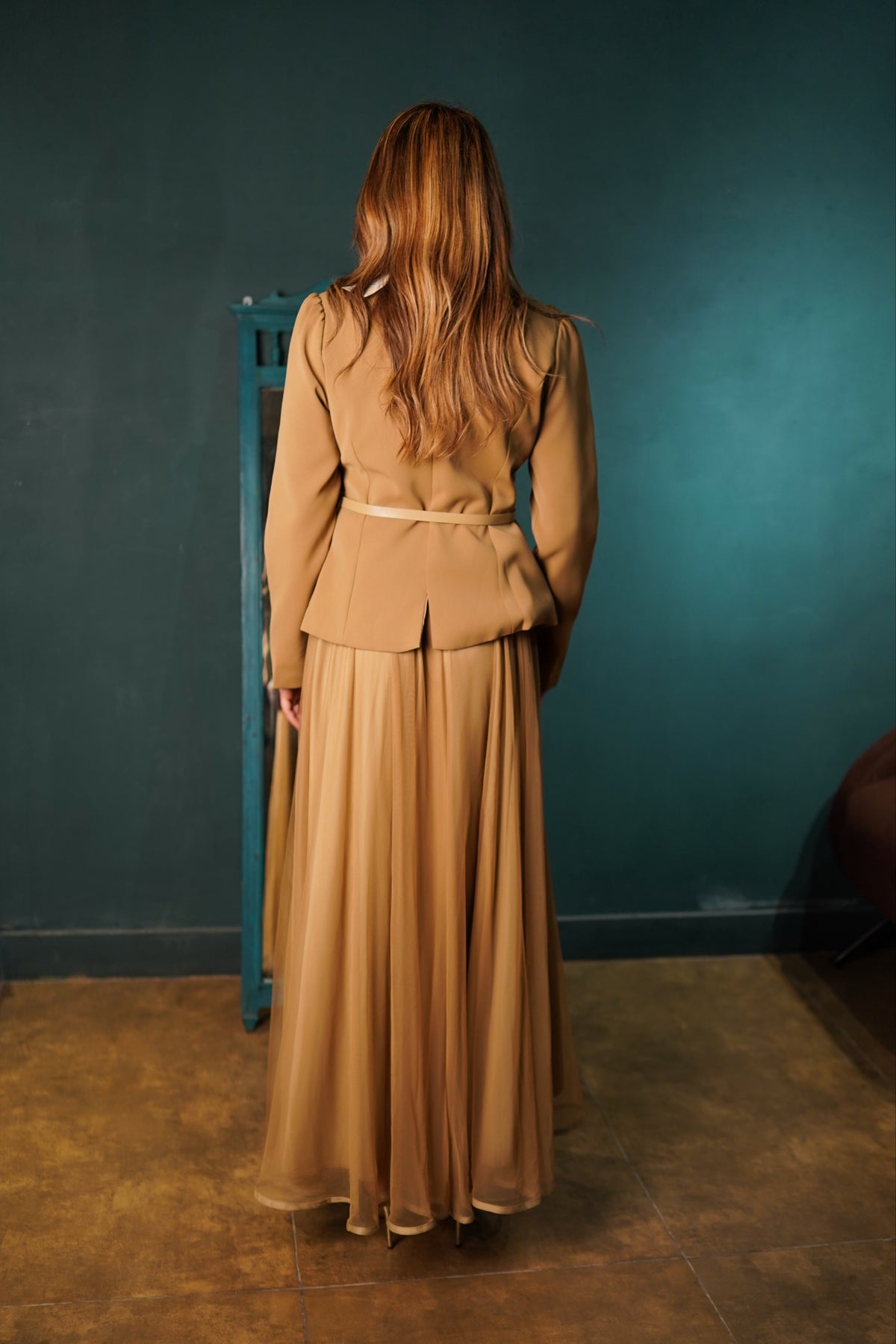 Brown Embellished Blazer Skirt Set - Brown