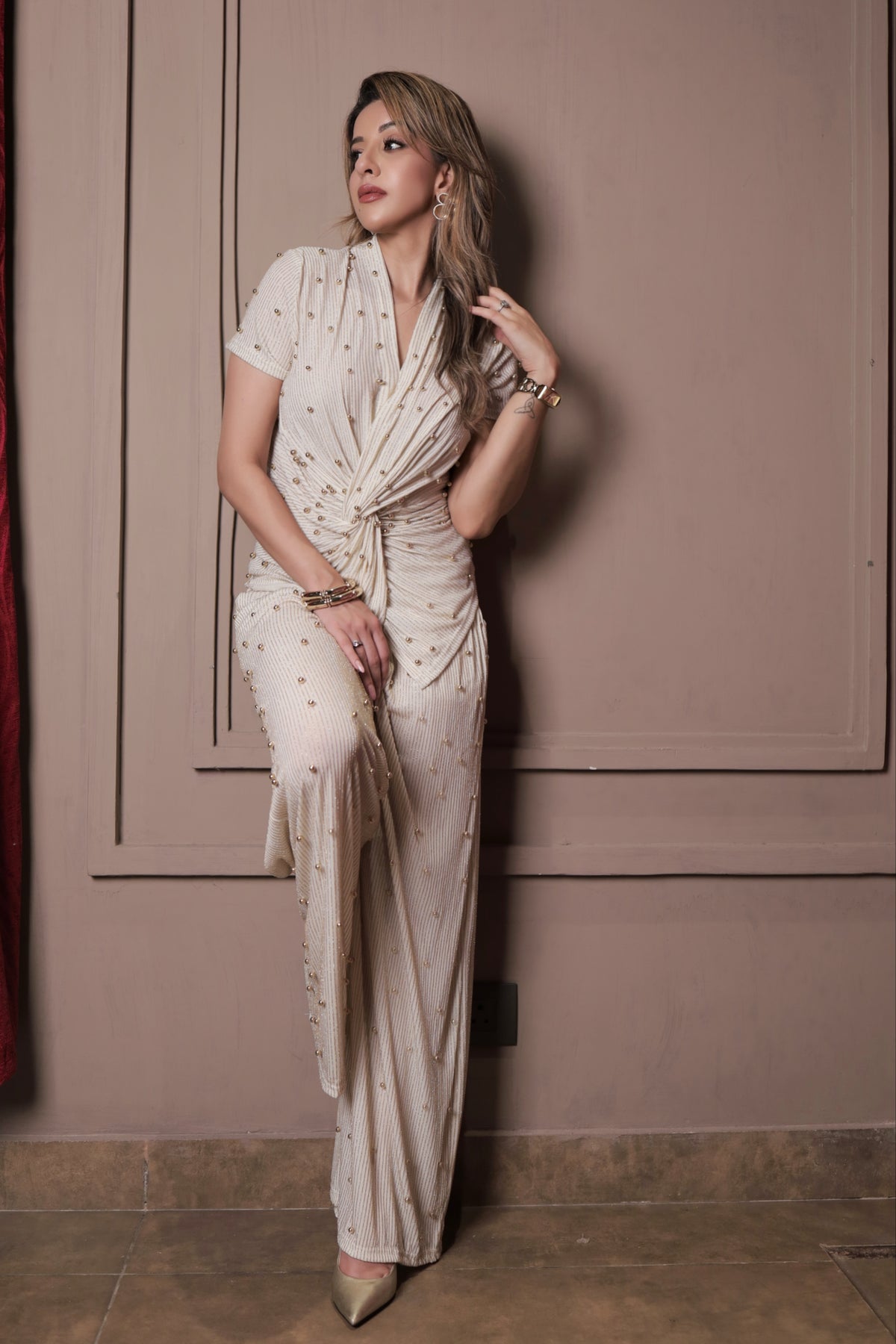 Luxe Pleated Beaded Coord Set - Beige