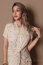 Luxe Pleated Beaded Coord Set - Beige