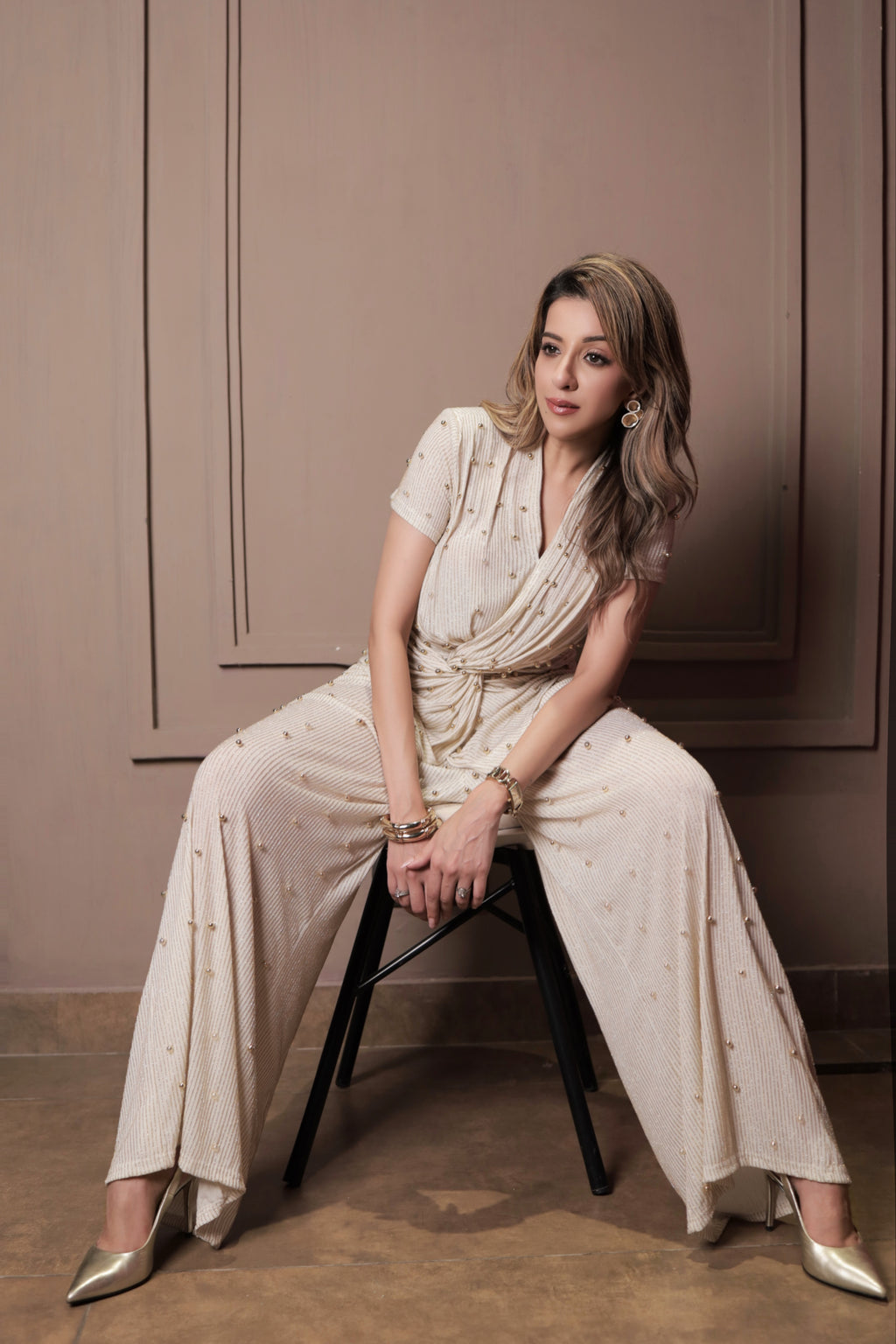 Luxe Pleated Beaded Coord Set - Beige