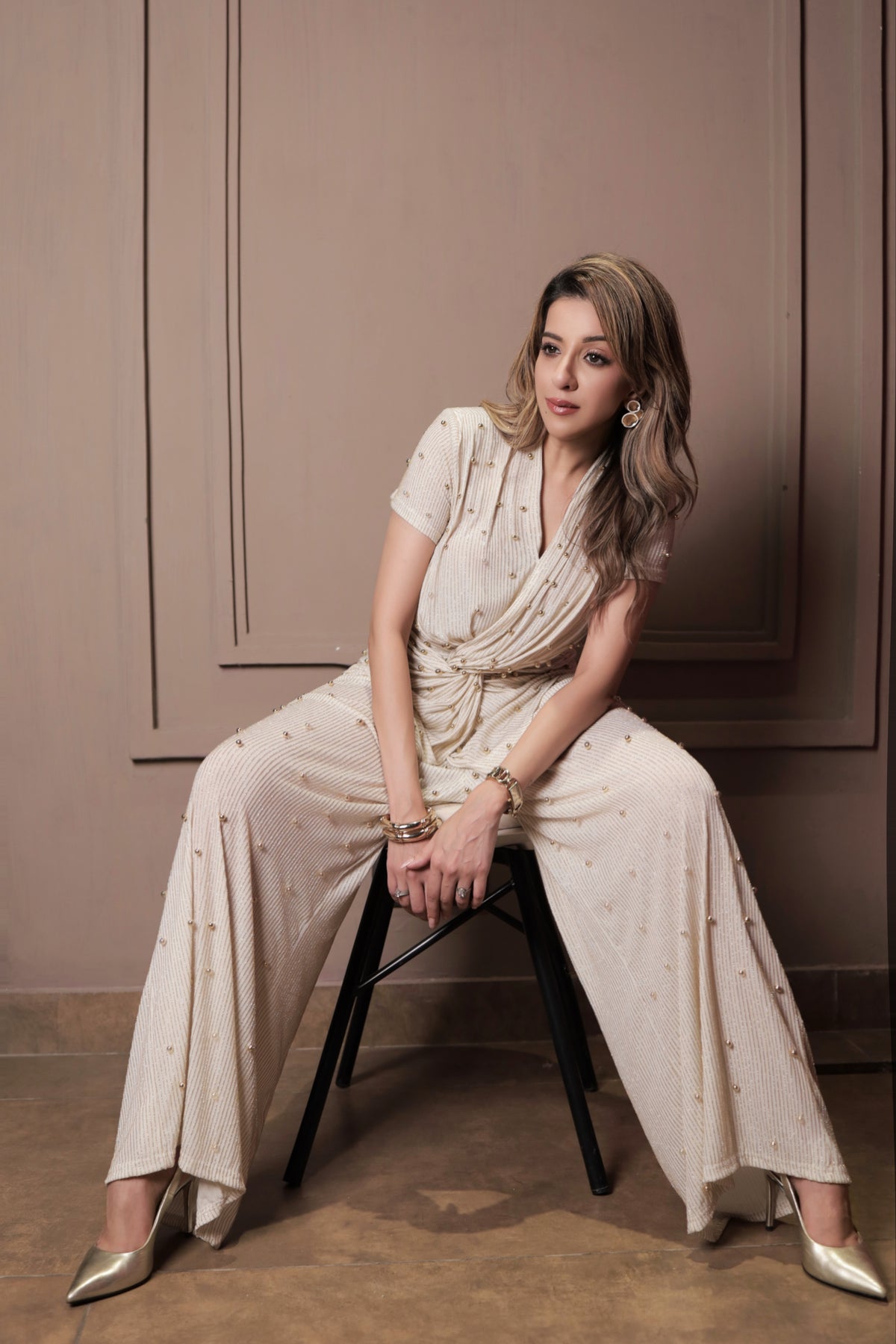 Luxe Pleated Beaded Coord Set - Beige