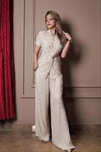 Luxe Pleated Beaded Coord Set - Beige
