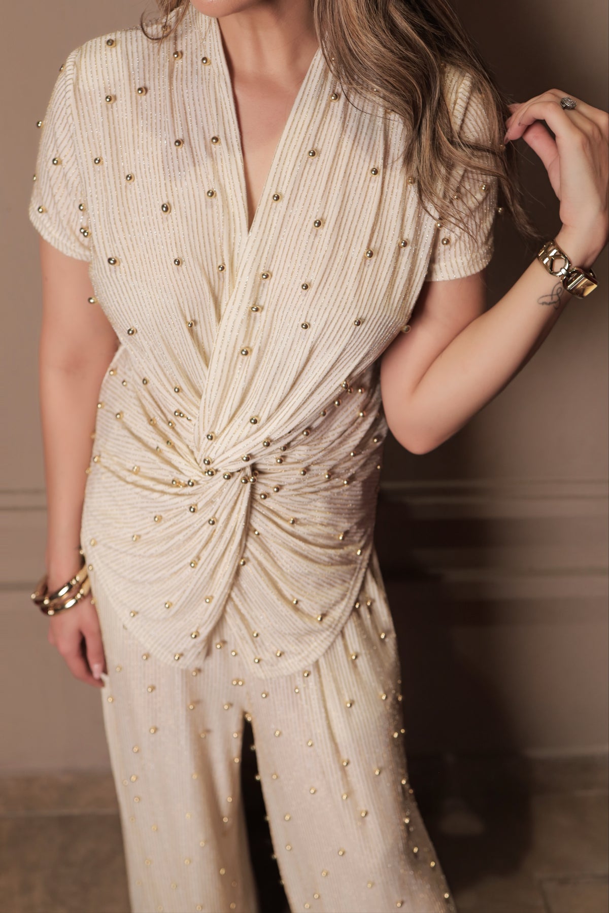 Luxe Pleated Beaded Coord Set - Beige