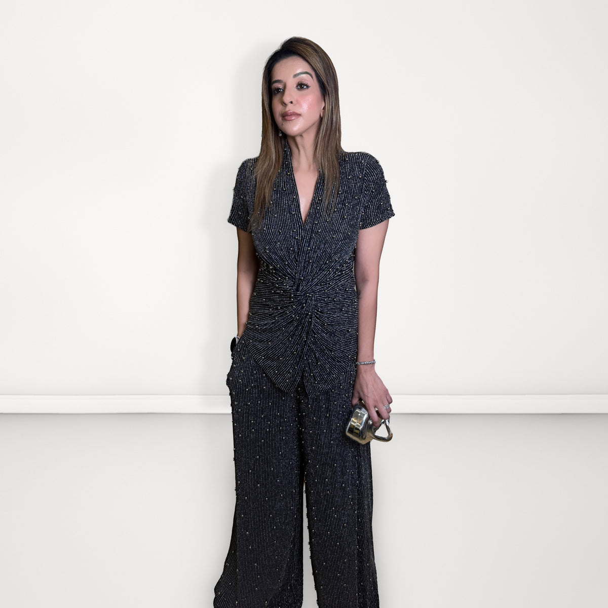 Luxe Pleated Beaded Coord Set - Black Silver