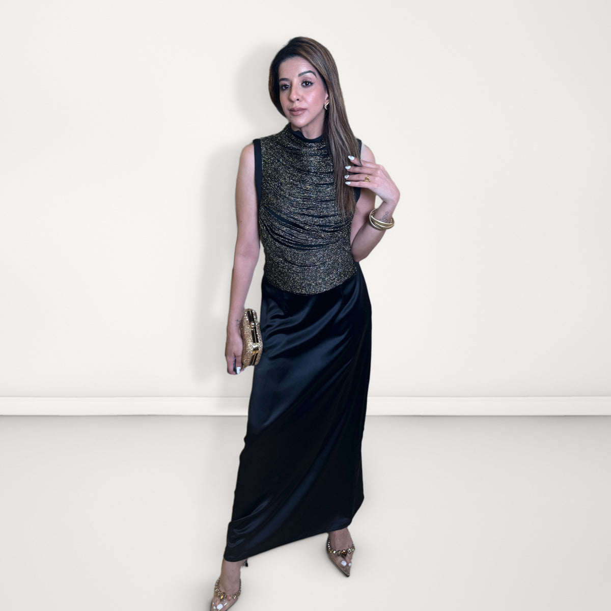 Shimmer Ruched Top & Satin Skirt Coord Set - Black