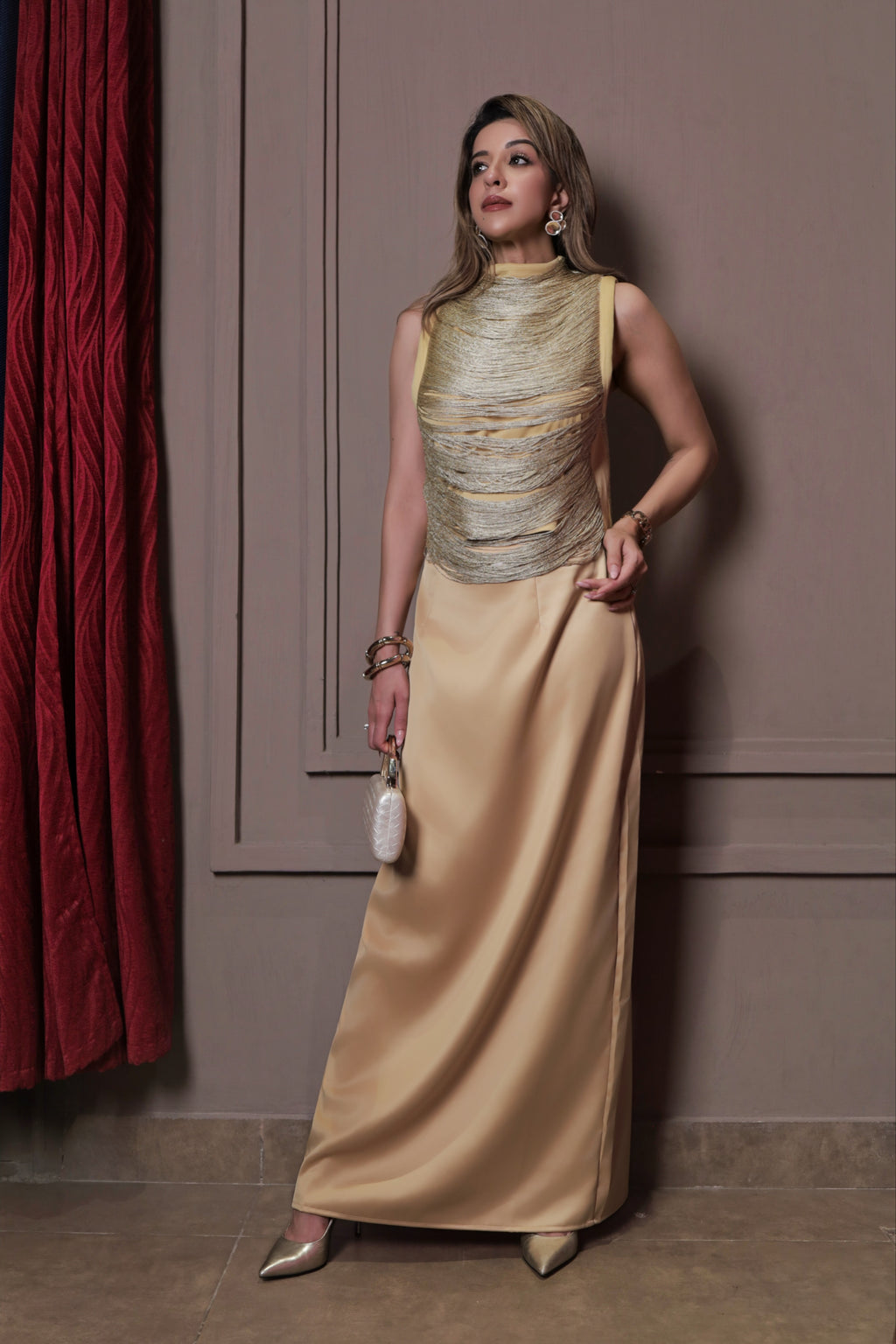 Shimmer Ruched Top & Satin Skirt Coord Set - Yellow