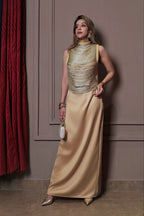 Shimmer Ruched Top & Satin Skirt Coord Set - Yellow