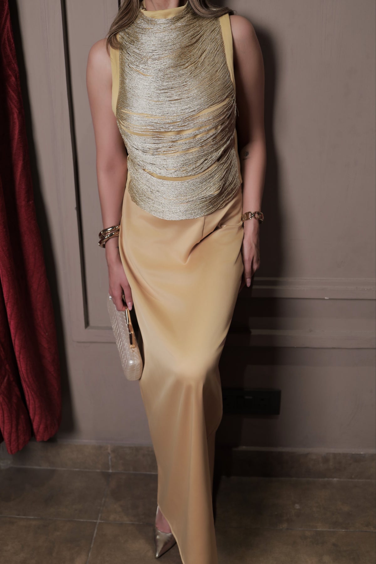 Shimmer Ruched Top & Satin Skirt Coord Set - Yellow