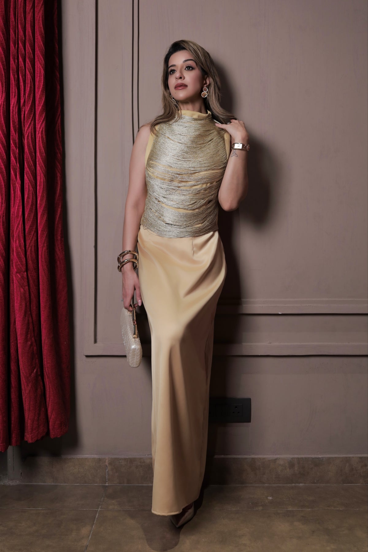 Shimmer Ruched Top & Satin Skirt Coord Set - Yellow
