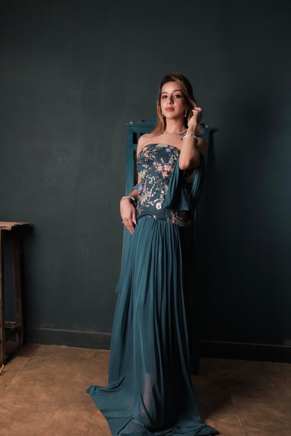 Embellished Indo-Western Three-Piece Set - Teal Blue
