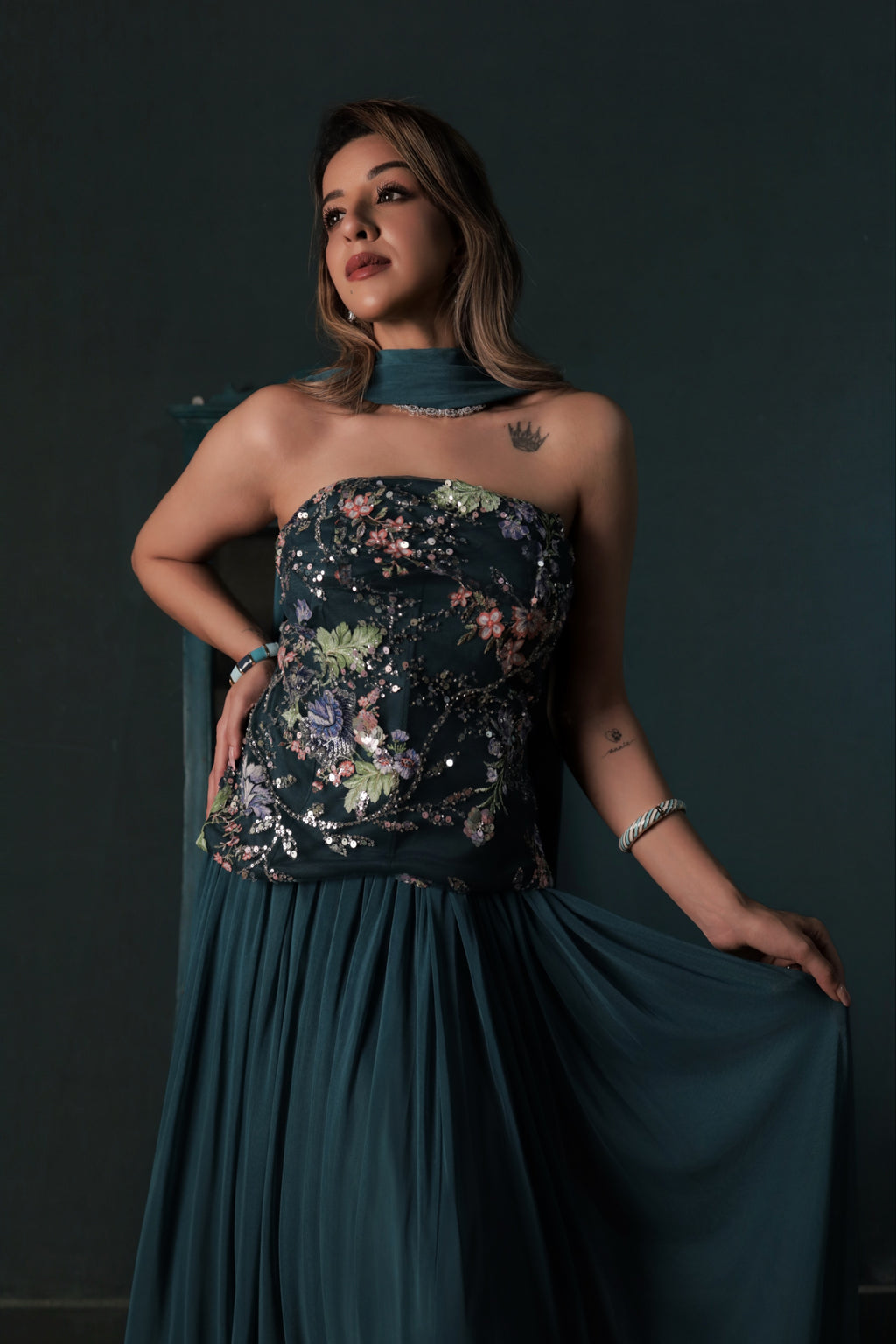 Embellished Indo-Western Three-Piece Set - Teal Blue