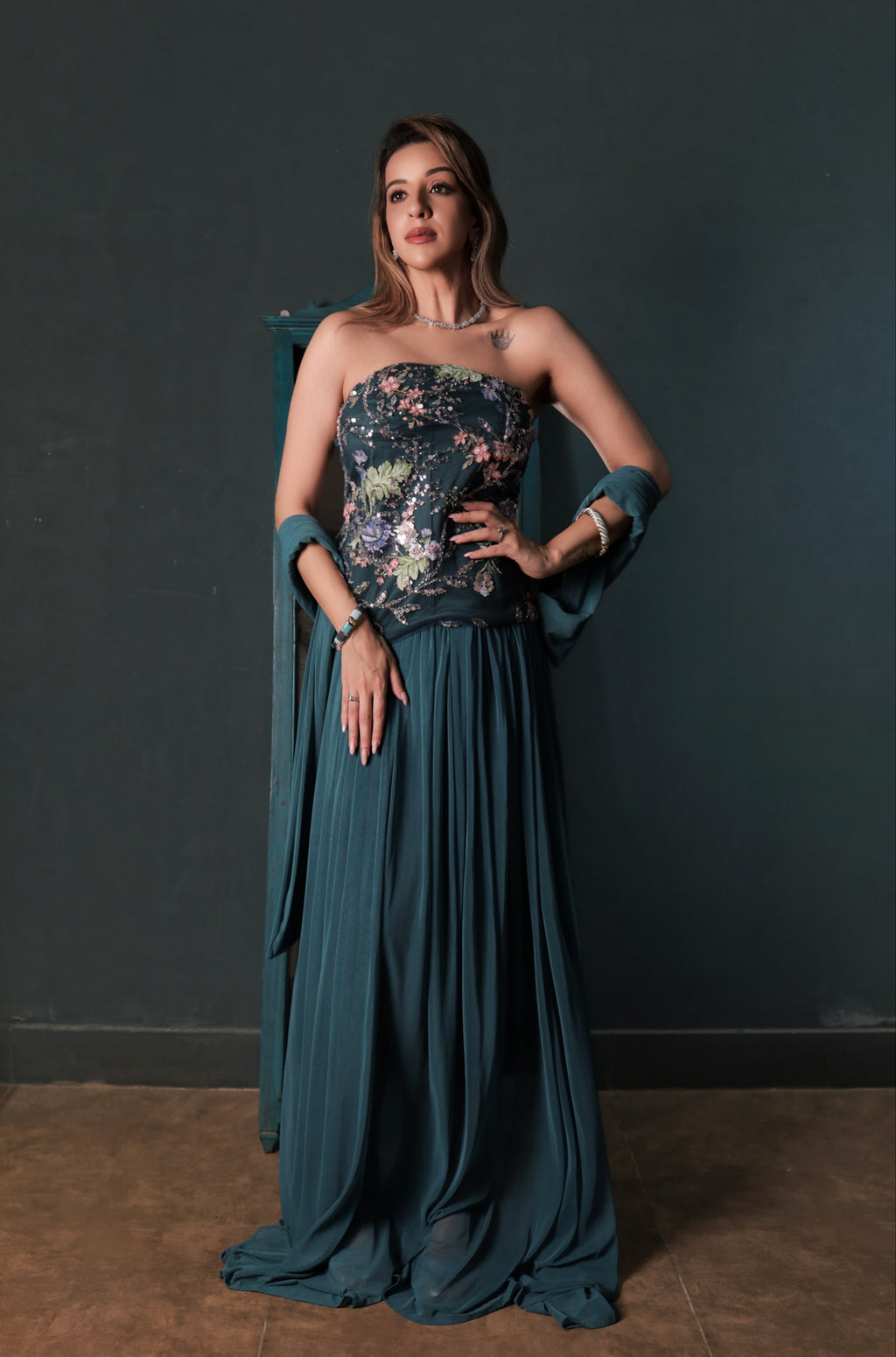 Embellished Indo-Western Three-Piece Set - Teal Blue