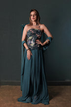 Embellished Indo-Western Three-Piece Set - Teal Blue