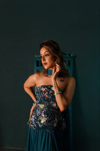 Embellished Indo-Western Three-Piece Set - Teal Blue