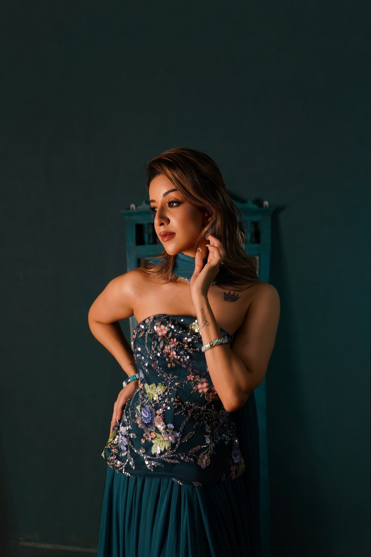 Embellished Indo-Western Three-Piece Set - Teal Blue