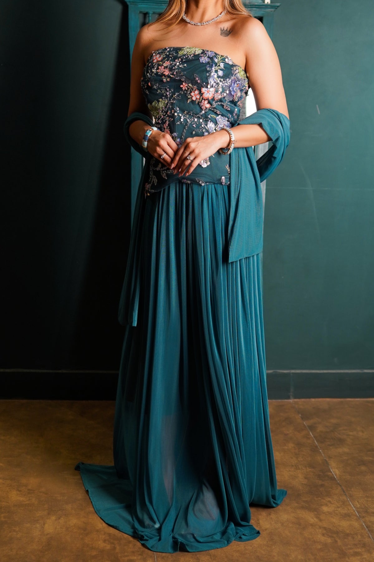 Embellished Indo-Western Three-Piece Set - Teal Blue