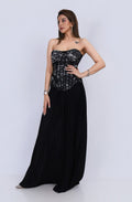 Pleated Flared Pant & Corset Top Set - Black