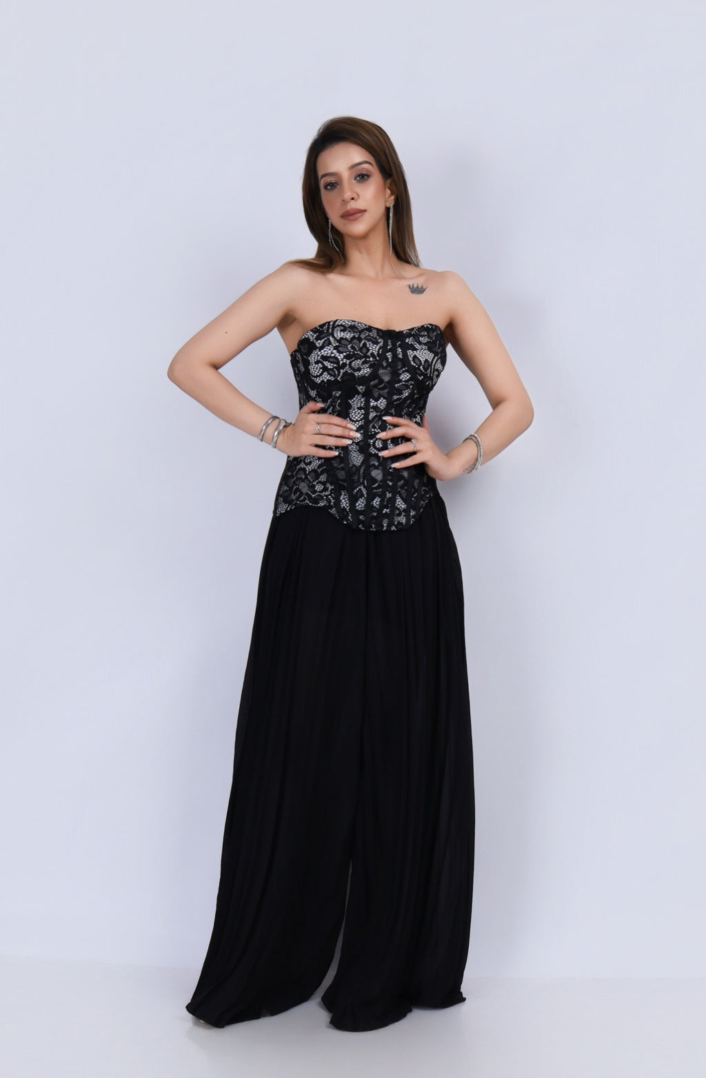 Pleated Flared Pant & Corset Top Set - Black