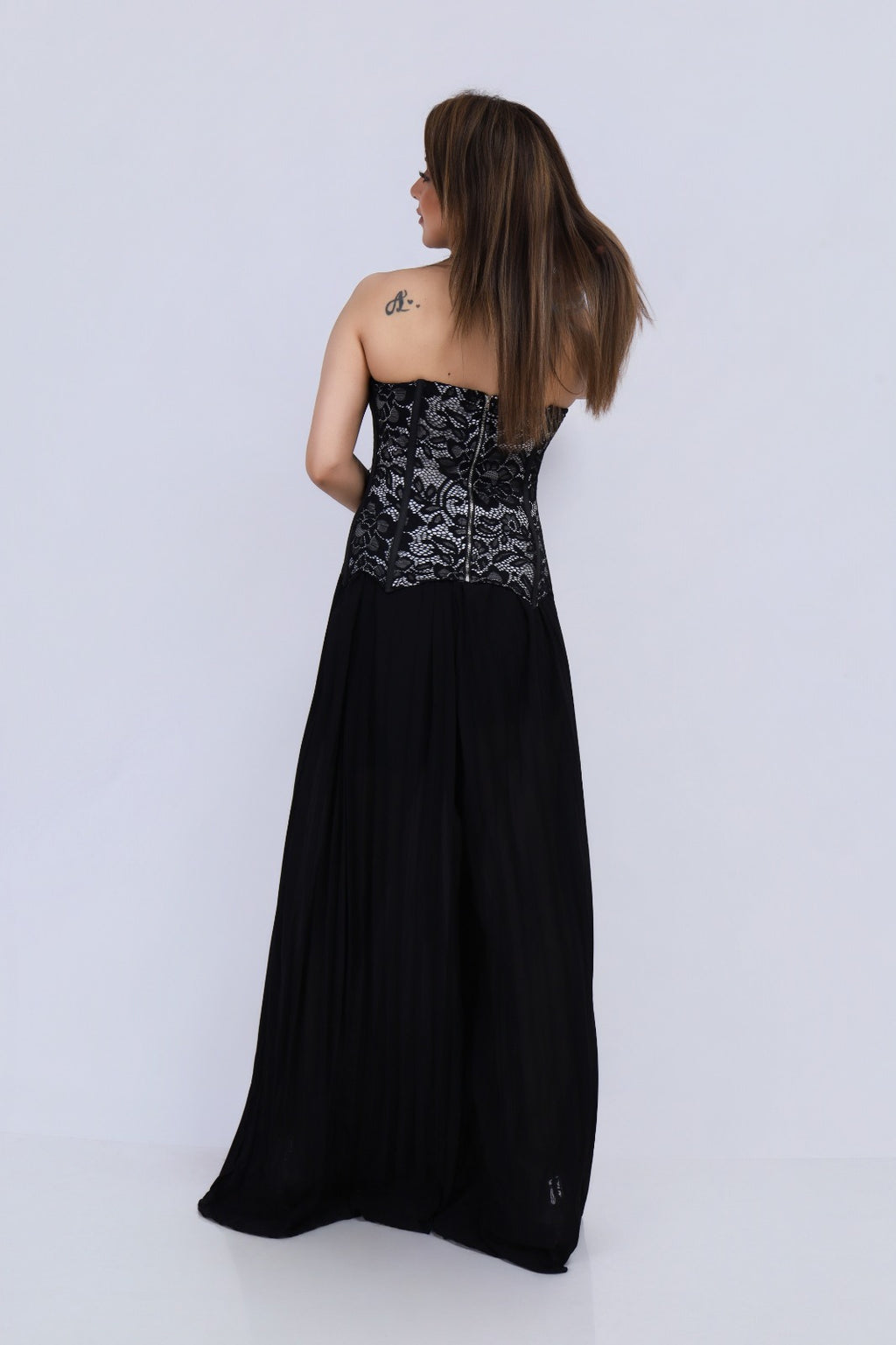Pleated Flared Pant & Corset Top Set - Black